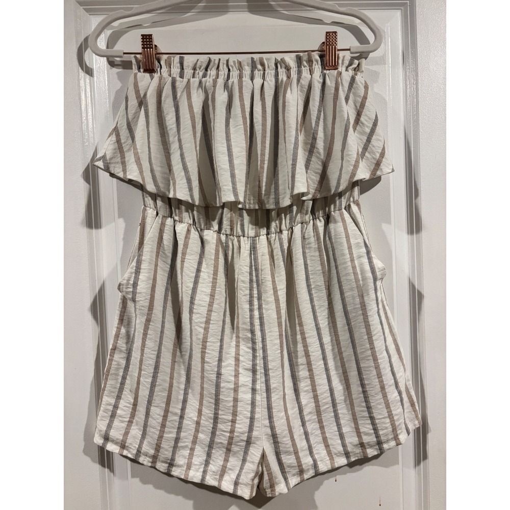 Lelis Women Strapless Ruffle Stripe Romper Small Cream Tan Navy Boho Summer